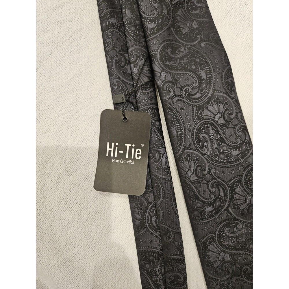 Hi Tie 100% Silk Black Gray Paisley Handmade Men's Woven Necktie Dress Tie